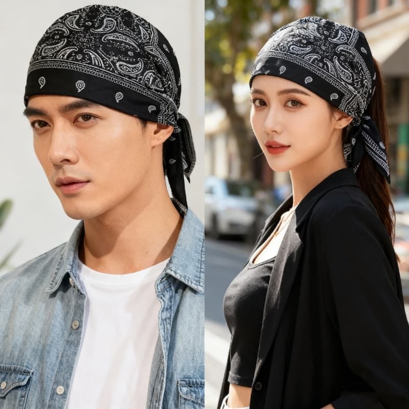 Bandana Lenço Paisley Preto e Branco Estampada Touca de Amarrar Hip Hop Rock Feminino Masculino