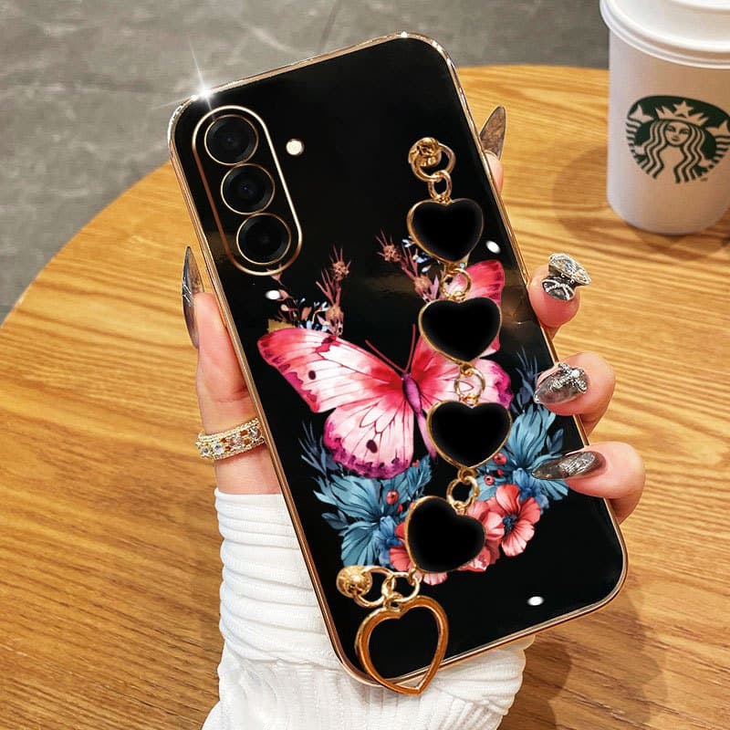 YBD Capa De Telefone Para Samsung A17 A13 A14 A15 A16 A04S A05S Bracelet de forma cardíaca com Beautiful Butterfly