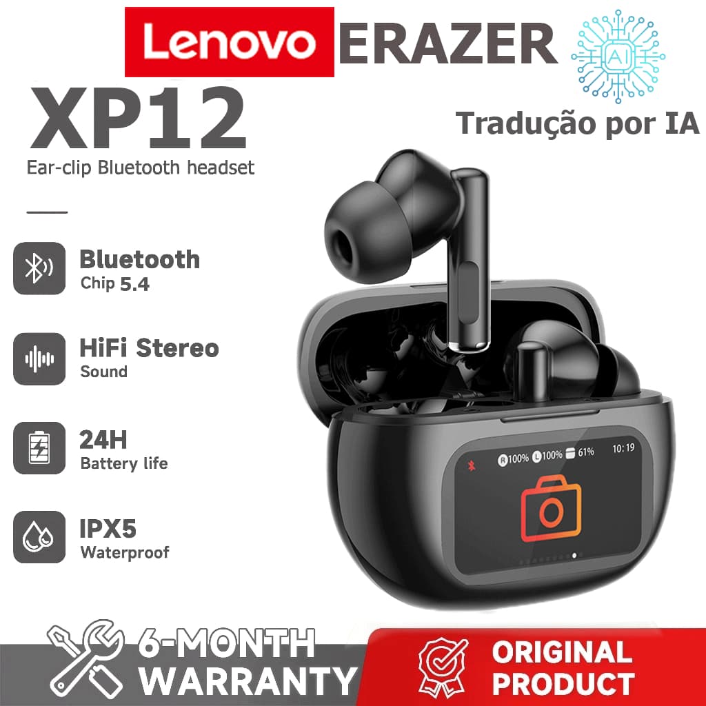Lenovo ERAZER XP12 AI Tradução Headset LED Fone de ouvido sem fio Bluetooth 6.0 AI Fone de ouvido de tradução em tempo R