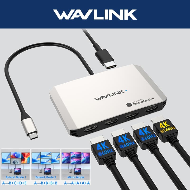 Adaptador WAVLINK USB C Para HDMI Com Conversor Quad De 130 W PD 5 Em 1 Tipo Windows , macOS , Chrome OS , Linux , Harmo
