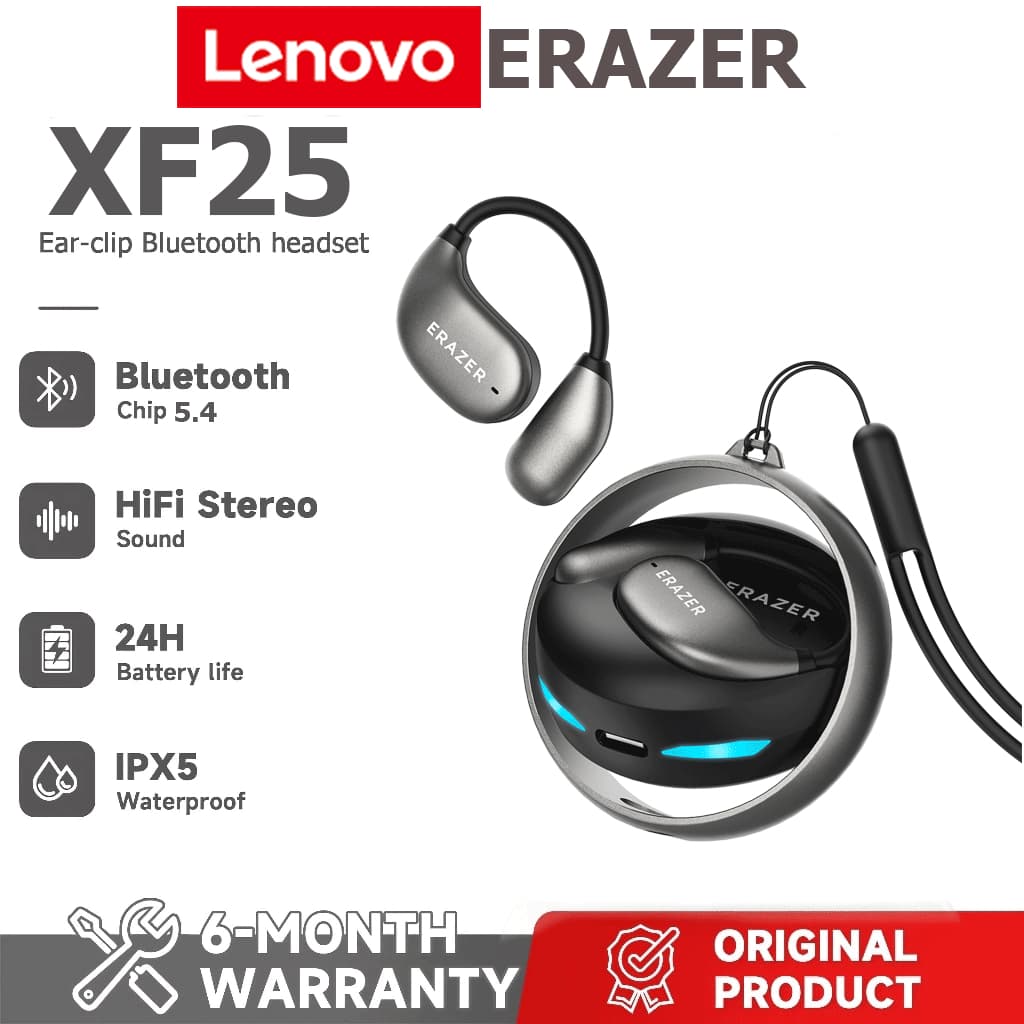 1 ano de Lenovo Erazer XF25 OWS aberto Bluetooth 5.4 fone de ouvido sem fio IPX7 à prova d'água fone de ouvido