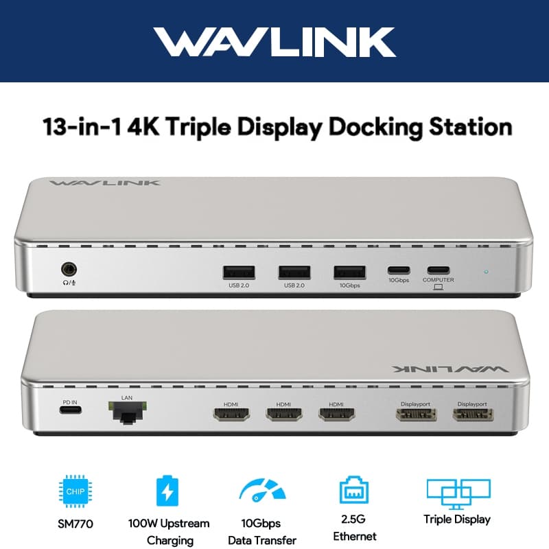 Estação De Acoplamento De Exibição Tripla WAVLINK USB C 4K @ 60 Hz Adaptador HDMI/DisplayPort Com Chip SM770 De Carregam