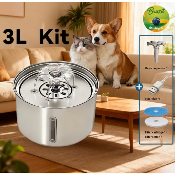Aço Inoxidável Fonte para Gatos com Filtro 3L Dispensador de água para Cães Bebedouro Gato Automático Super Silencioso