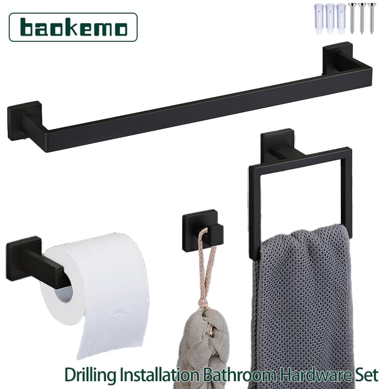 Kit Banheiro Inox 304 Preto 5 Peças Ralo de Toalha Anel Suporte Papel Higiênico Gancho