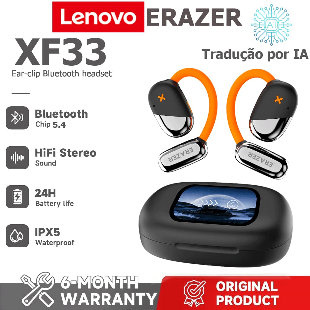 Lenovo ERAZER XF33 AI Tradução Tradução em tempo Real TWS Fone de ouvido esportivo Bluetooth Bluetooth 6.0 HiFi Qualidad