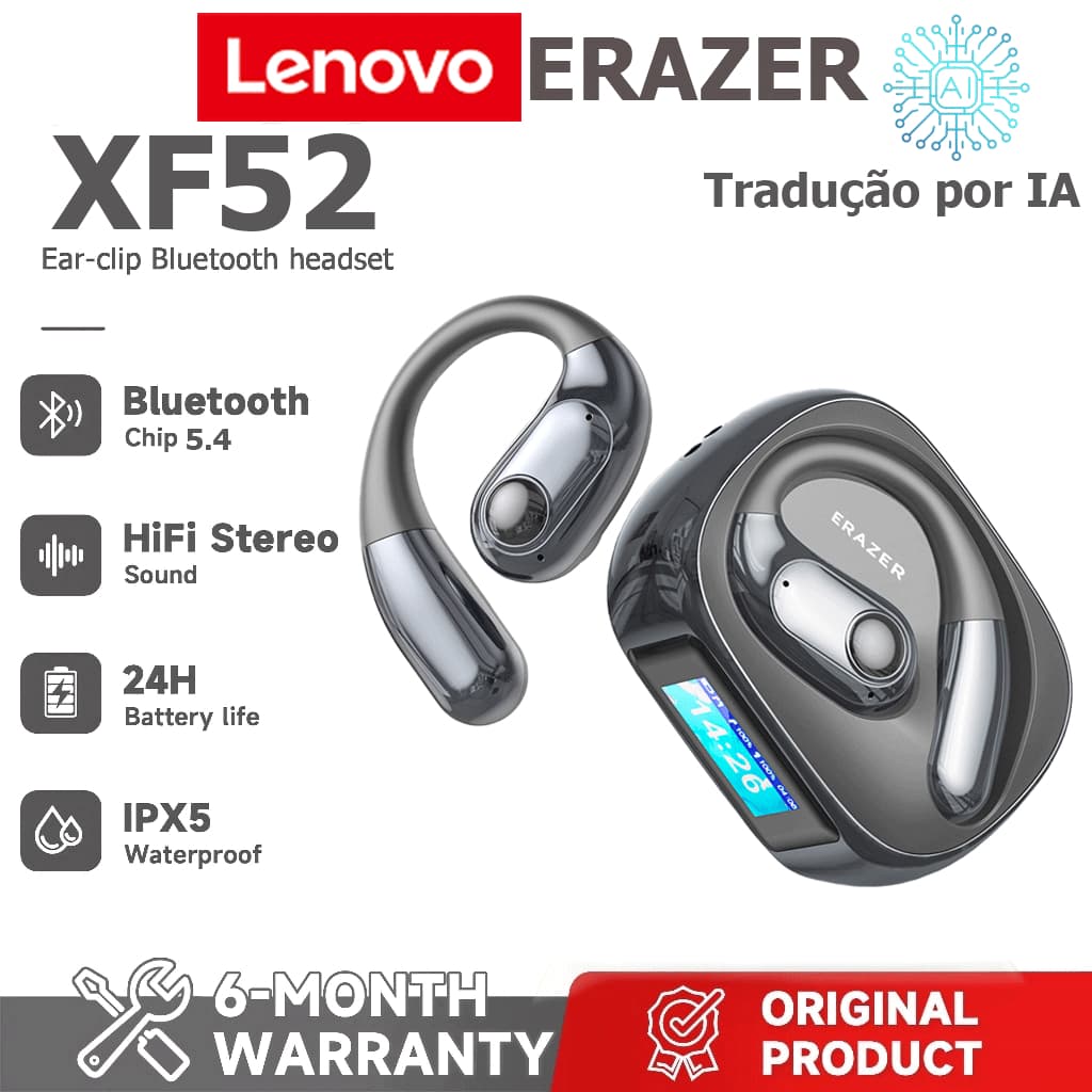 1 ano de Lenovo ERAZER XF52 AI Tradução Headset LED Fone de ouvido esportivo sem fio Bluetooth 5.4 AI Fone de o