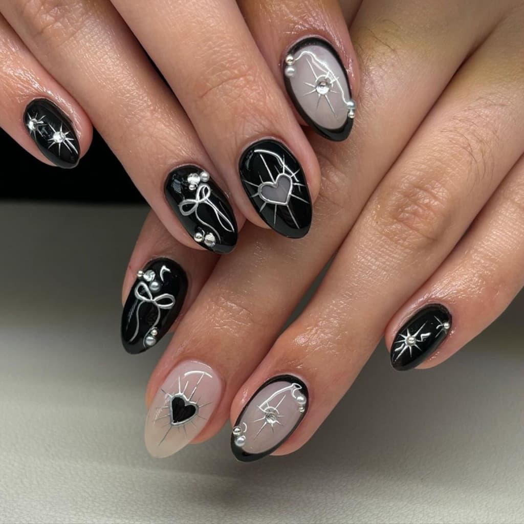 24 Unhas Falsas Góticas Dos Pces , Imprensa Reutilizável Em , Pontas De Curtas Redondas , Arte Decorada Legal Preta , Ac