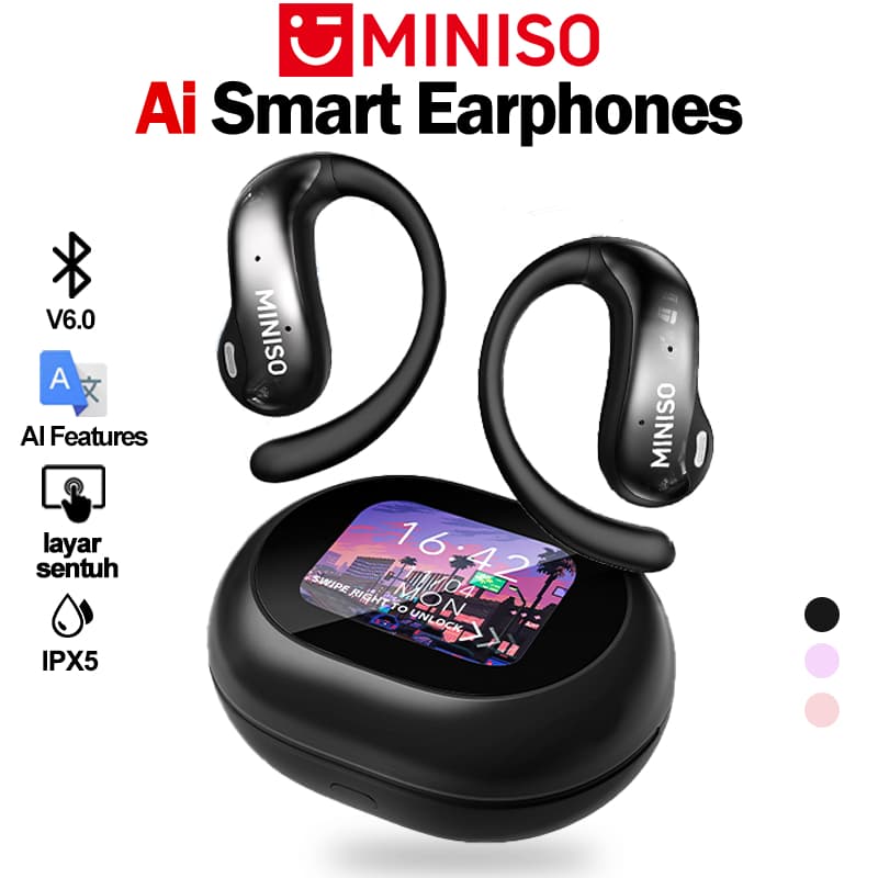 MINISO MS188 Fone de ouvido AI Tradução, Bluetooth V5.4 sem fio, tela sensível ao toque LED, fones de ouvido esportivos