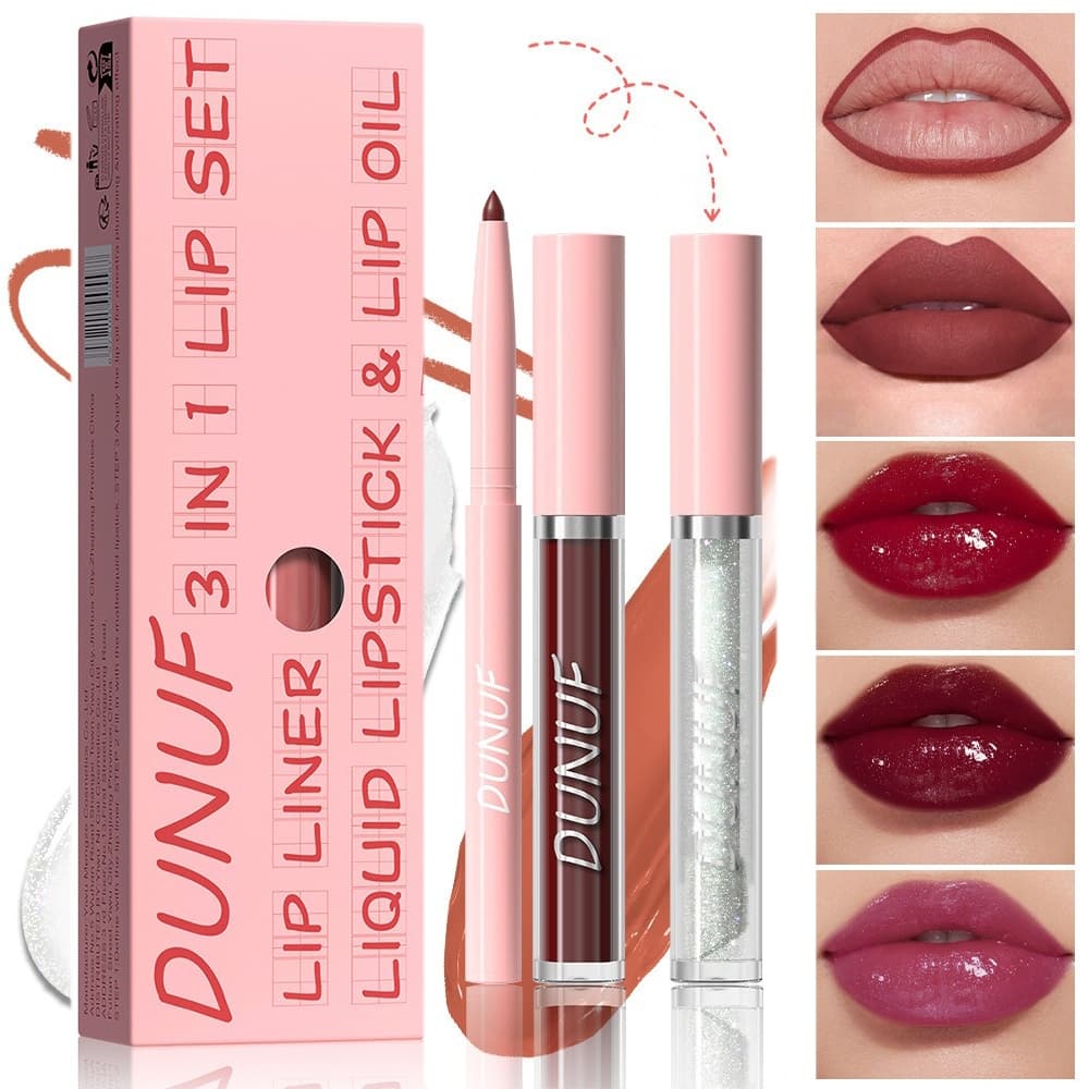 Conjunto De Batom 3 Em 1 Brilhante : Delineador Labial + brilho labial+Brilho Óleo . Define Lábios Com Acabamento Cintil