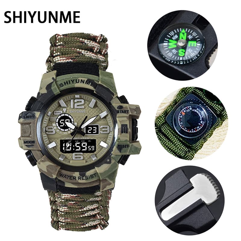 SHIYUNME Relógio Masculino De Sobrevivência Ao Ar Livre Multifuncional À Prova D'água Militar Tático Paracord Bússola Te