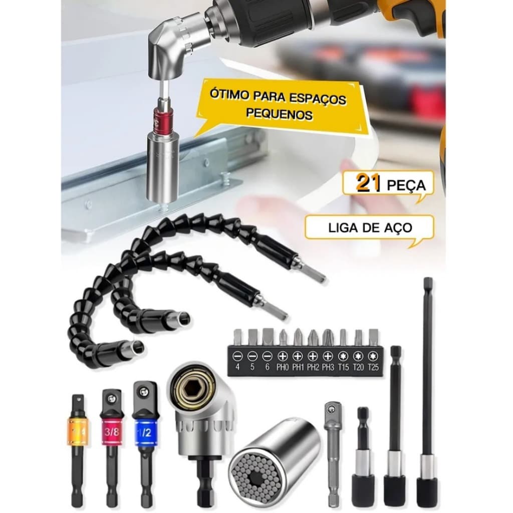 9 peças /21 peças Kit Extensor Eixo Prolongador Parafusadeira Bits Ponteiras Adaptador Ângular Cabo Flexível 25cm