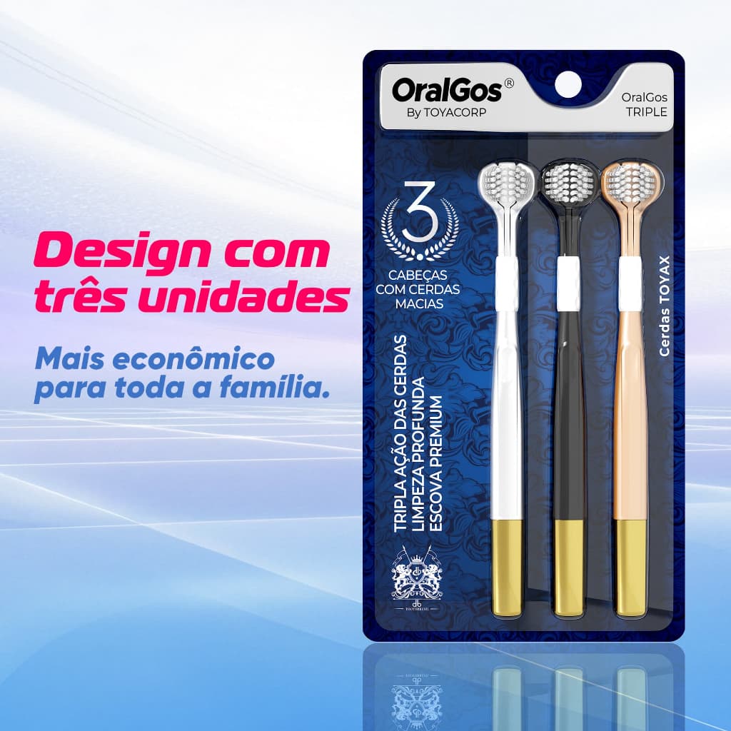OralGos Escova dentes , 3 suportes, alça ergonômica - Branco/preto/dourado