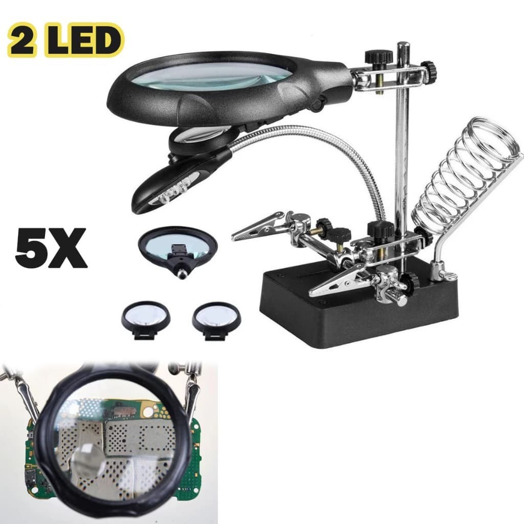 Lupa De Bancada Mesa Aumento 5x Com Suporte 2 Leds Garras De Solda Ou sem luzes (modelo padrão)