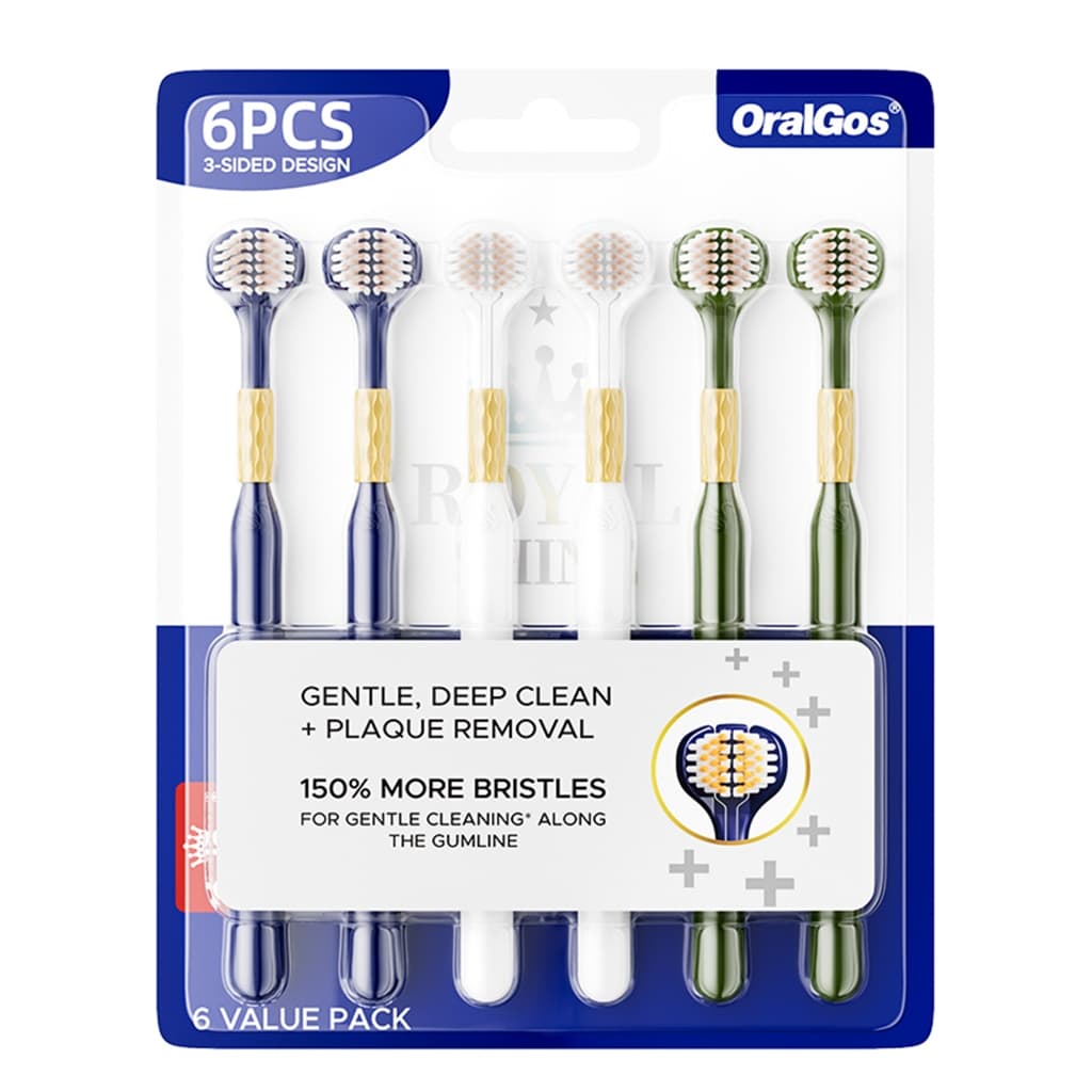 Escova de dentes de três lados OralGos, conjunto de 6 peças - azul/branco/verde