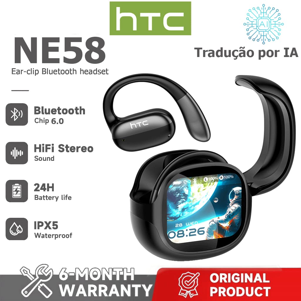 1 ano de HTC NE58 AI Tradução Fone de ouvido com tela HD Tradução em tempo Real TWS Fone de ouvido Bluetooth Bl