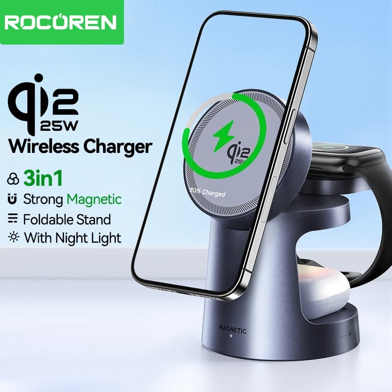 Rocoren 3 Em 1 Carregador Magnético Sem Fio Qi2 De 25 W Para iPhone AirPods iWatch Estação De Carregamento Rápido Samsun