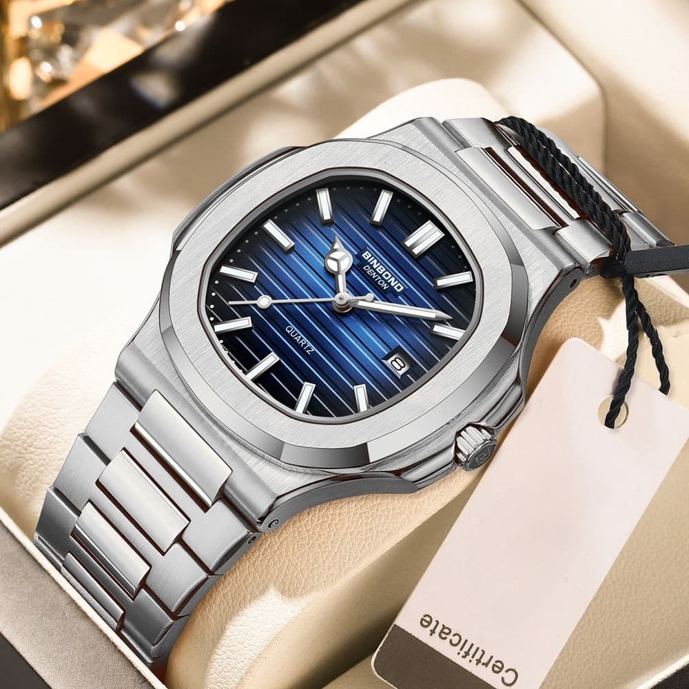 Relógio Masculino BINBOND Original de Luxo — Aço Inoxidável, Resistente à Água, Ponteiros Luminosos
