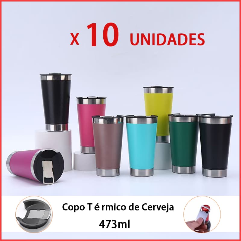 Kit 10 Copos Térmicos 473ml Com Tampa e Abridor de Garrafas Durável Copo Inox Para Cerveja Em Diversas Cores
