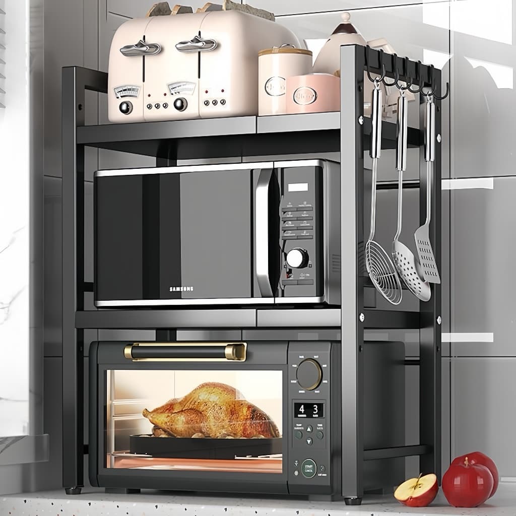 Suporte para Microondas de Parede Armario Cozinha Prateleira Retrátil para Cozinha Suporte Micro Com 6 ganchos