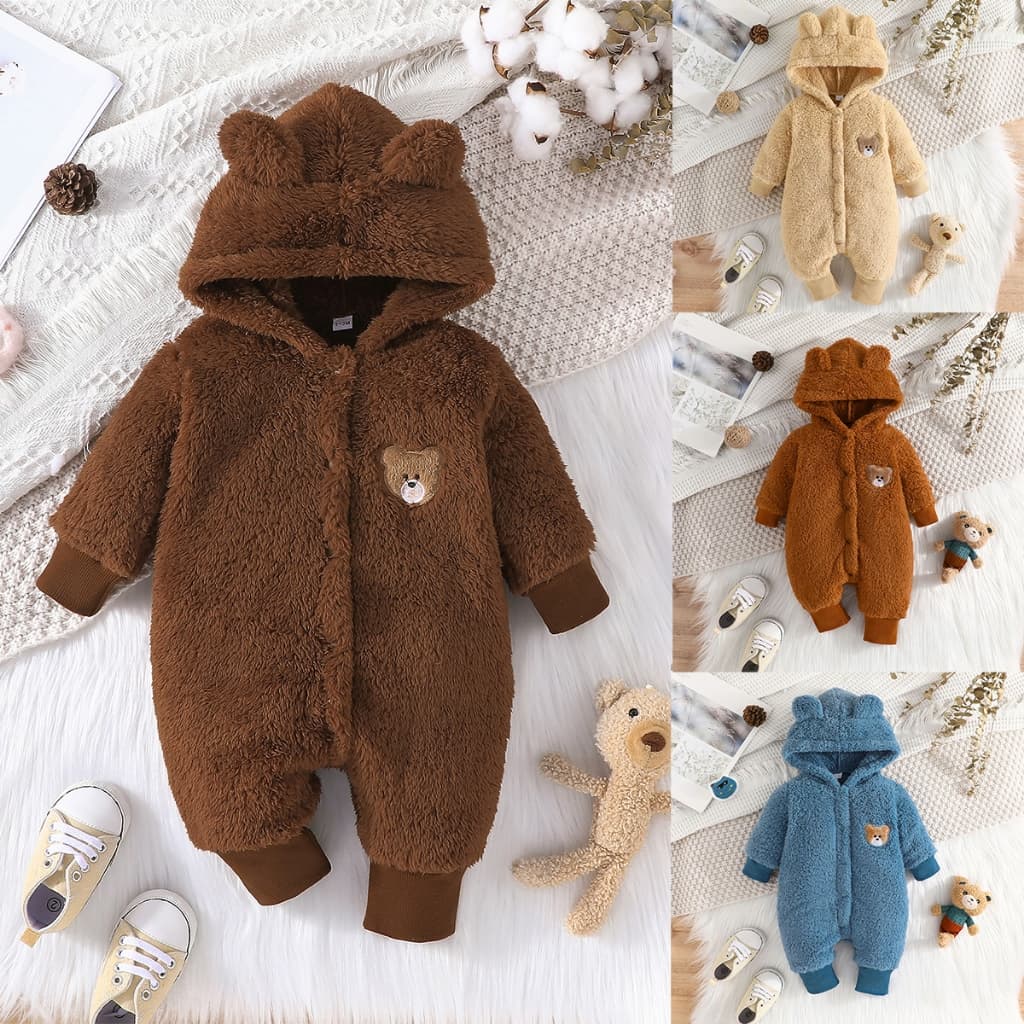 ​​Macacão de Bebê Recém Nascido Urso Cartoon Aquecido Felpudo 0 a 18 Meses para Inverno Festa Junina​​