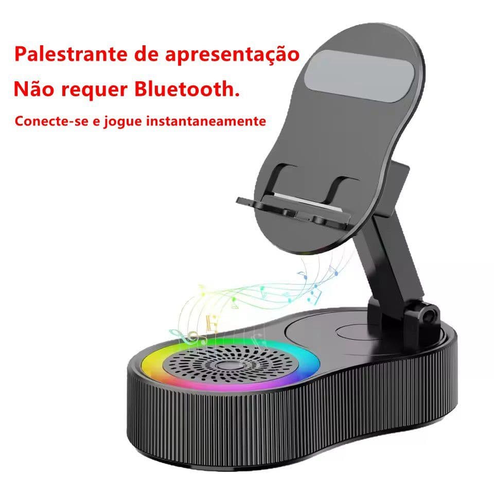 Alto-falante portátil inteligente com indução, suporte para celular, luz RGB ajustável, alto-falante Bluetooth sem fio
