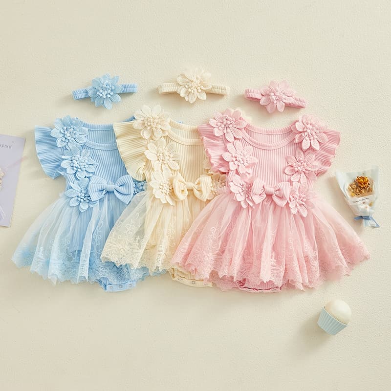 Mellifluous-Baby Girl Mesh Patchwork Rufle Romper Vestido + Fita De Cabeça