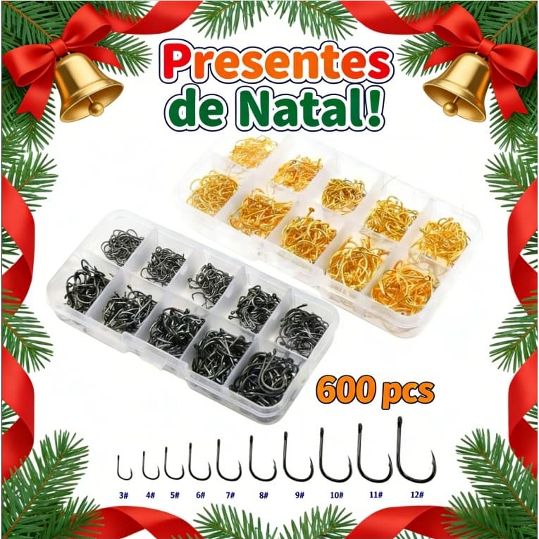Kit Caixa de Pesca com 600 Anzóis Chinu Dourado #3 ao #12