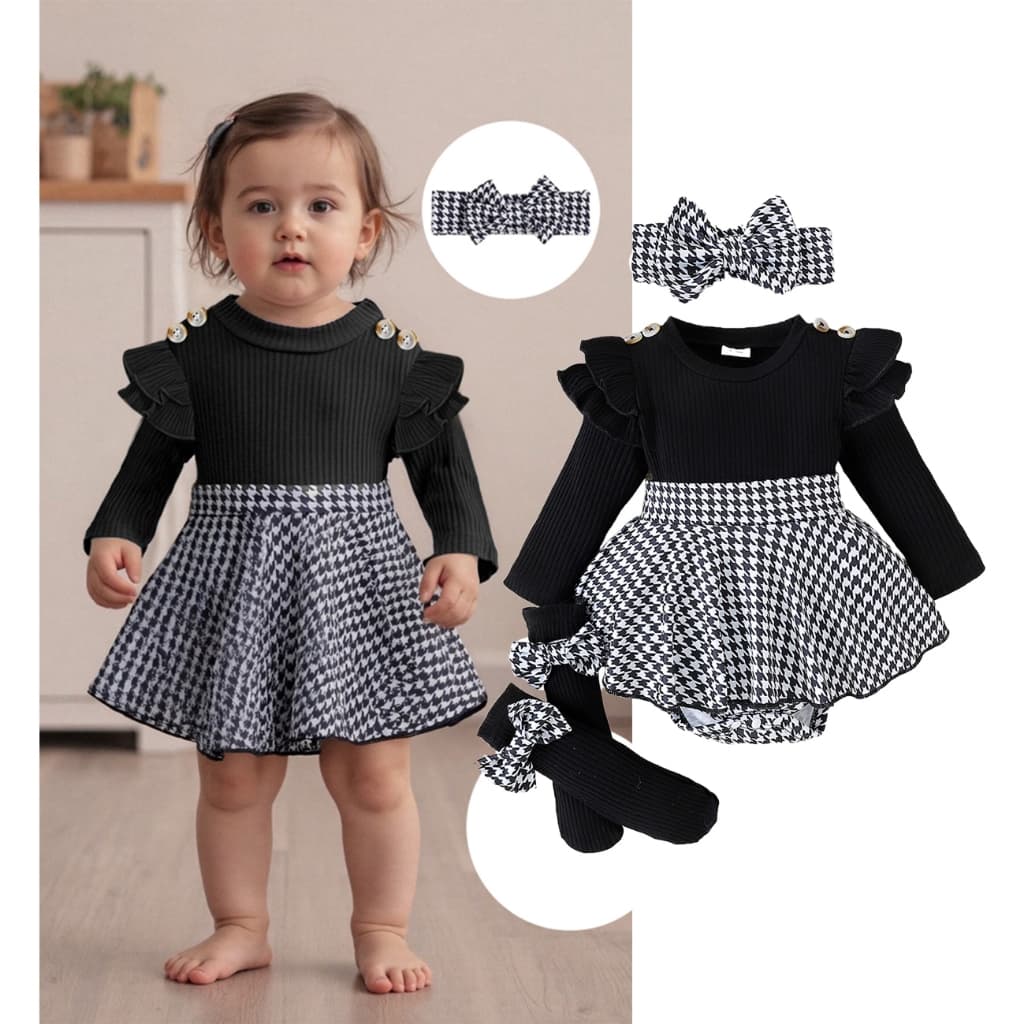Mellifluous-Roupas De Primavera Para Bebês Meninas Manga Comprida Com Estampa Houndstooth E Faixa De Cabeça Meias Compri