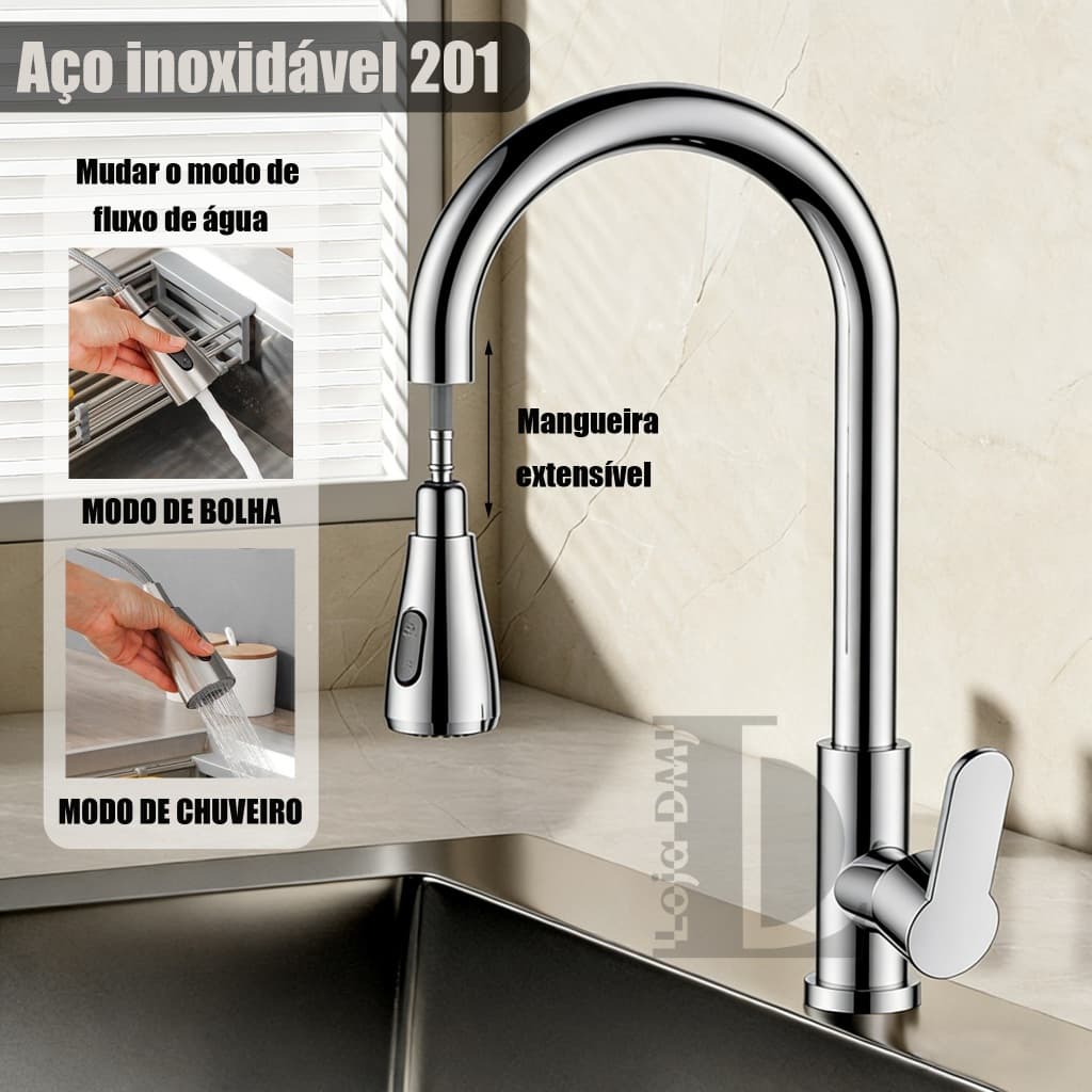Torneira De Cozinha De Aço Inoxidável 201 Prata / Preto Com Extensor Flexível Spray De Tração