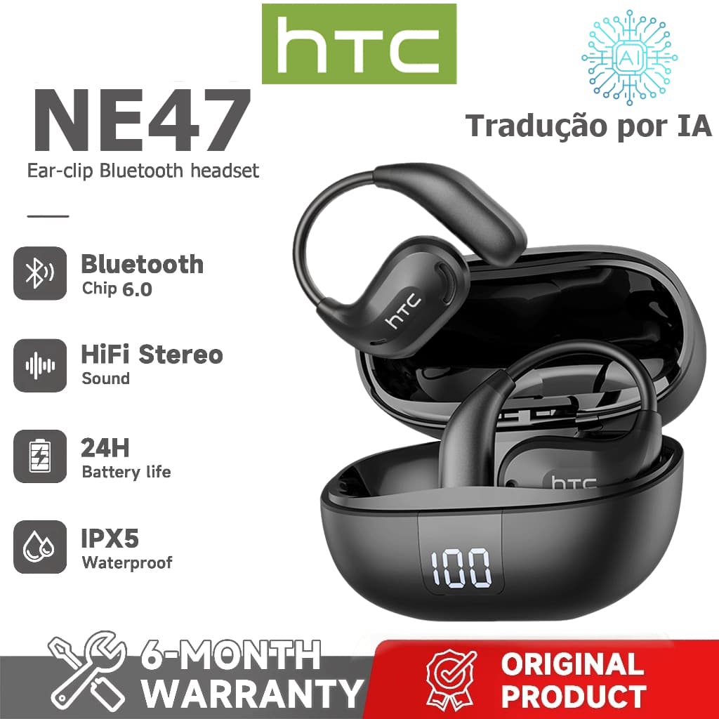 1 ano de garantia HTC NE47 AI Tradução Fone de ouvido Bluetooth Tradução em tempo Real OWS HD Chamada HiFi Fone de ouvid
