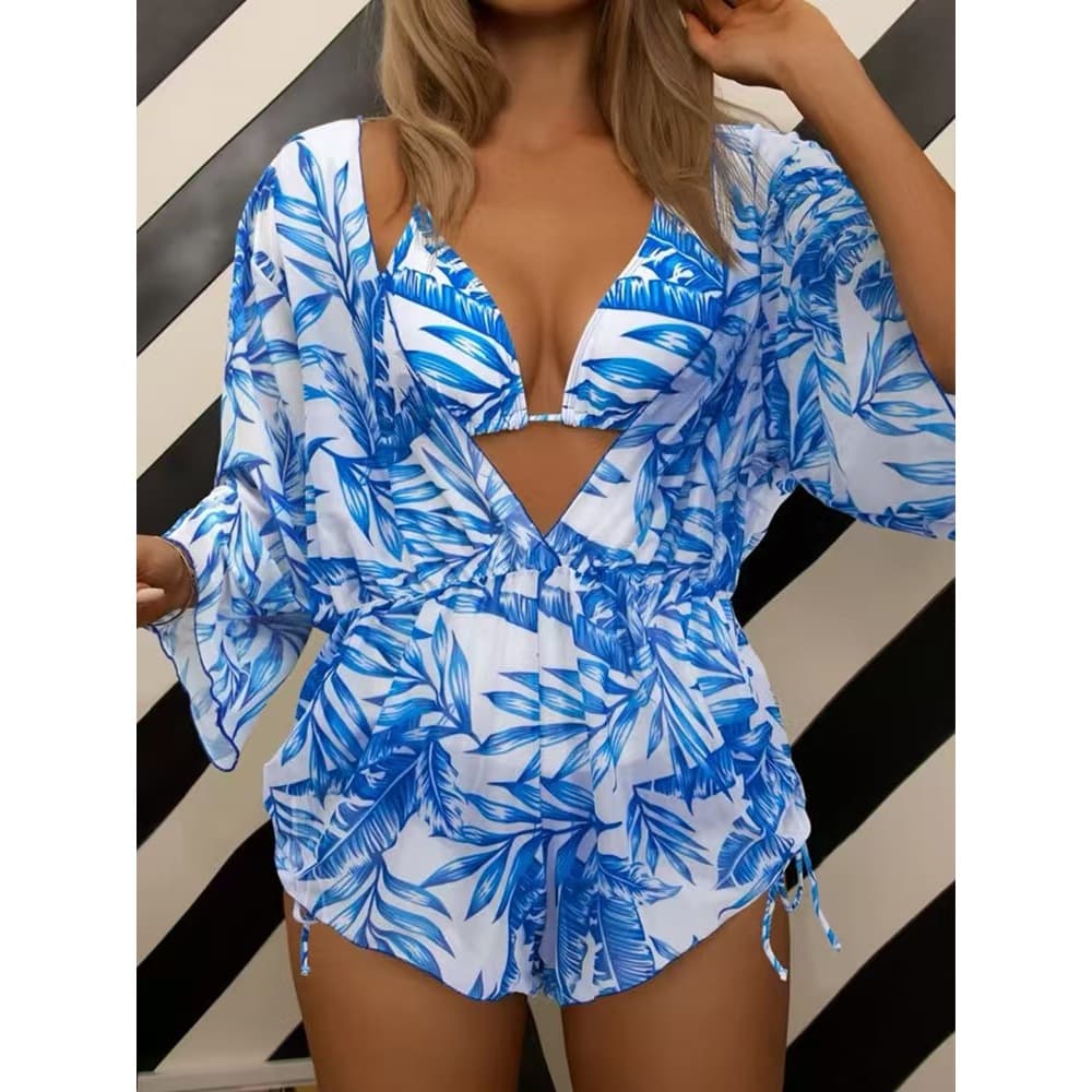 Conjunto Maiô + Saída de Praia 2 Peças, Estampa Folha de Palmeira Azul e Branco, Moda Praia Feminina