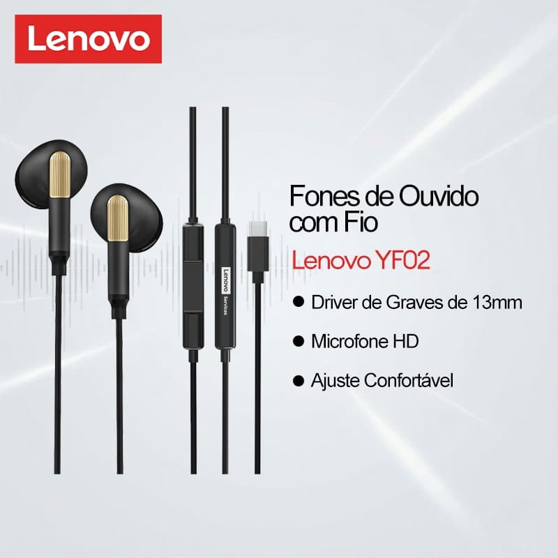 Fones De Ouvido Com Fio Lenovo YF02 E Semi-Intra-Auriculares Driver De Graves De 13 Mm Microfone HD Mais Ajuste Confortá