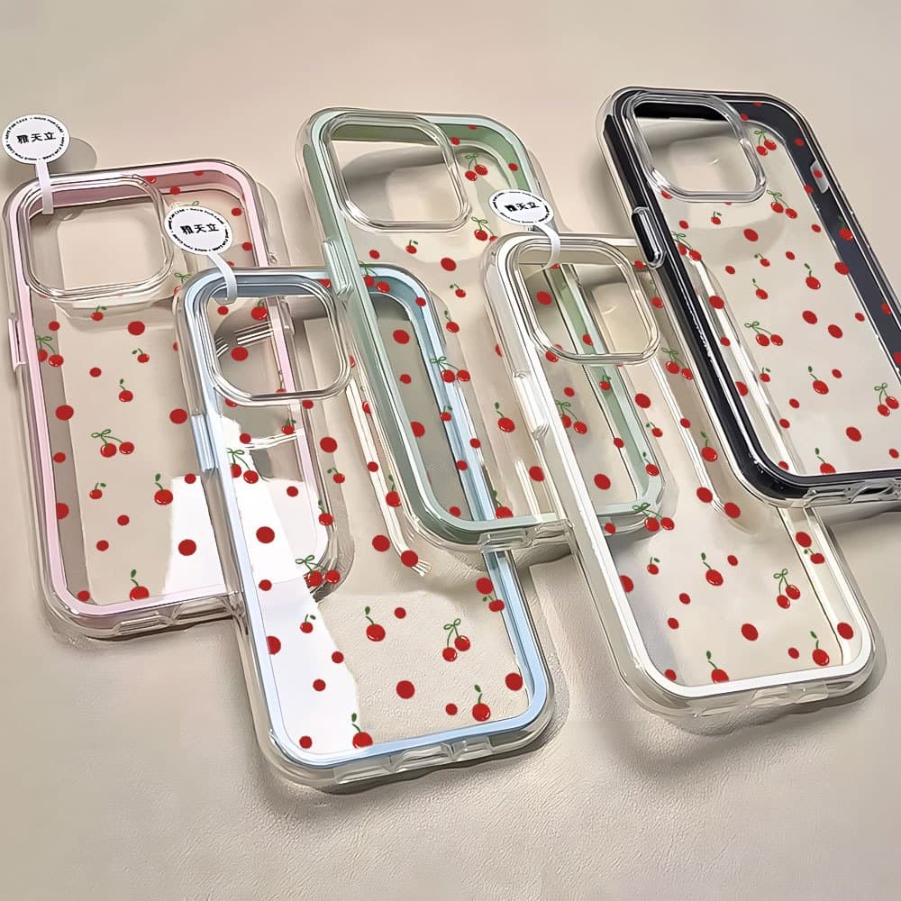 3 Em 1 Ins Capa Anti-Impacto Para IPhone 13 11 12 14 15 16 17 Air Pro Max Normal Transparente Acrílico Cereja Silicone C