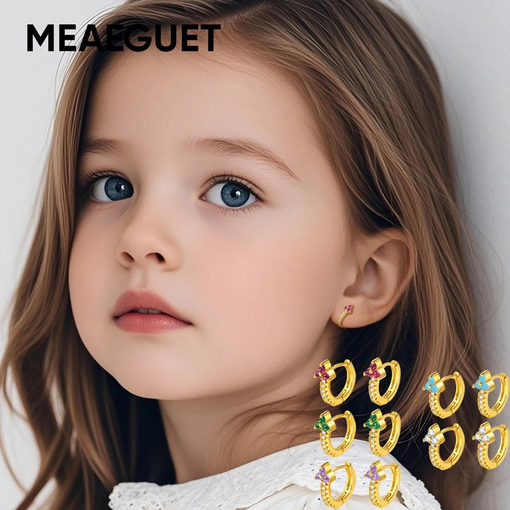 Brinco De Argola Com Flores Cúbicas De Zircônia Meaeguet Para Bebês Meninas , Pequeno Hipoalergênico Banhado A Ouro , Pr