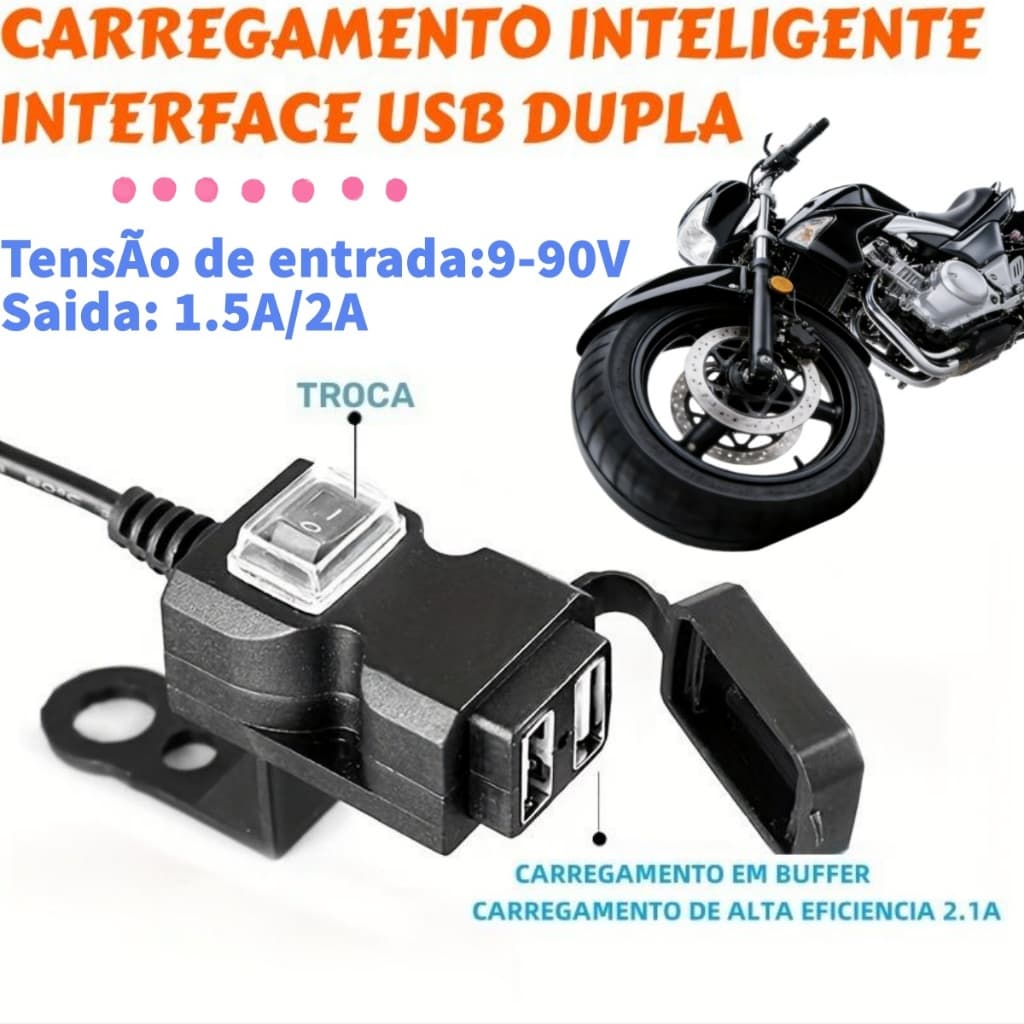 Carregador De Guiador De Moto À Prova D'água 12V-24 Fonte De Alimentação USB Dupla Para Telefone Móvel