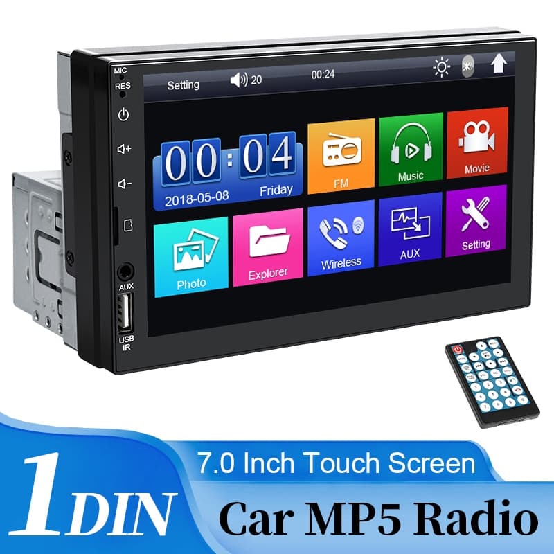 Central Multimídia MP5 Automotiva Bluetooth 1 Din 7 Polegadas USB/AUX/TF Com Mirrorlink Touch Screen