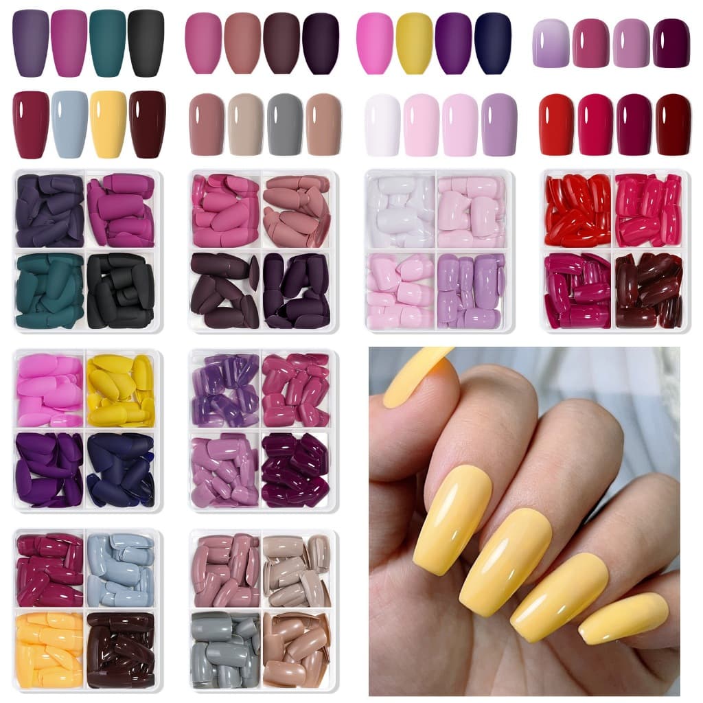 96 Peças De Unhas Falsas , Cor Sólida , Foscas , Fatias Curtas , Pasta Completa , Removíveis , Vestíveis