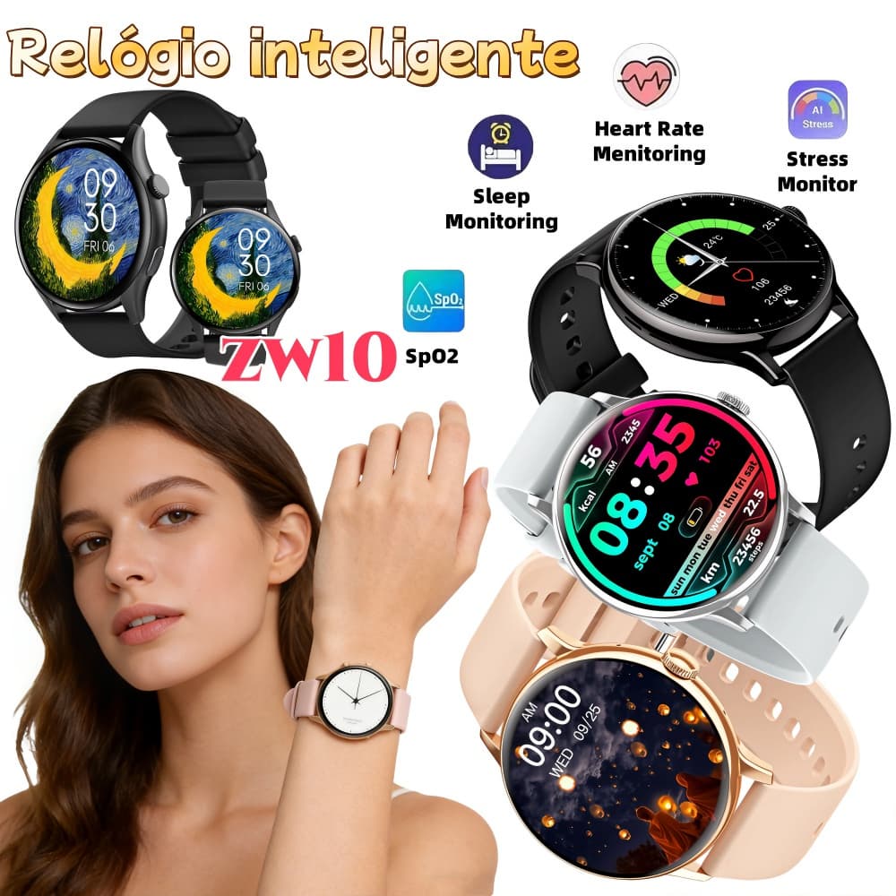 ZW10 Relógio Inteligente Smartwatch Amoled 1,43,  À Prova D'água Redondo