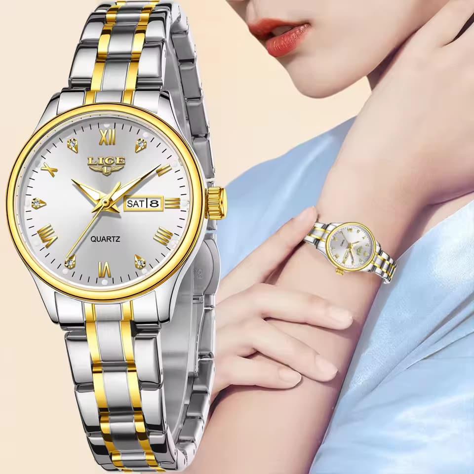LIGE Relógio Feminino Original À Prova D'água De Aço Inoxidável Luxuoso De Pulso De Quartzo