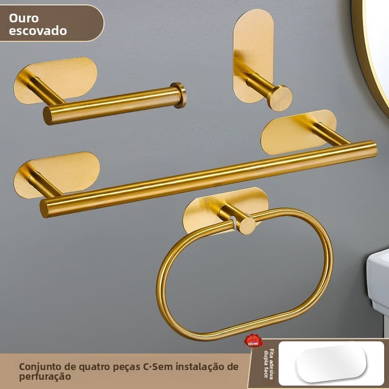Kit Acessórios Banheiro (4/5 Peças) – Aço Inoxidável/Dourado, Adesivo Sem Furar Parede, Inclui Toalheiros
