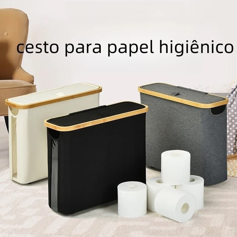 Suporte Cesto De Papel Higiênico De Bambu Com Tampa Para Armazenamento De Armário De Banheiro