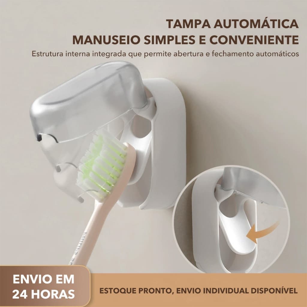 Porta-Escova de Dentes Anti-Poeira com Tampa Fixação sem Furo, Parede