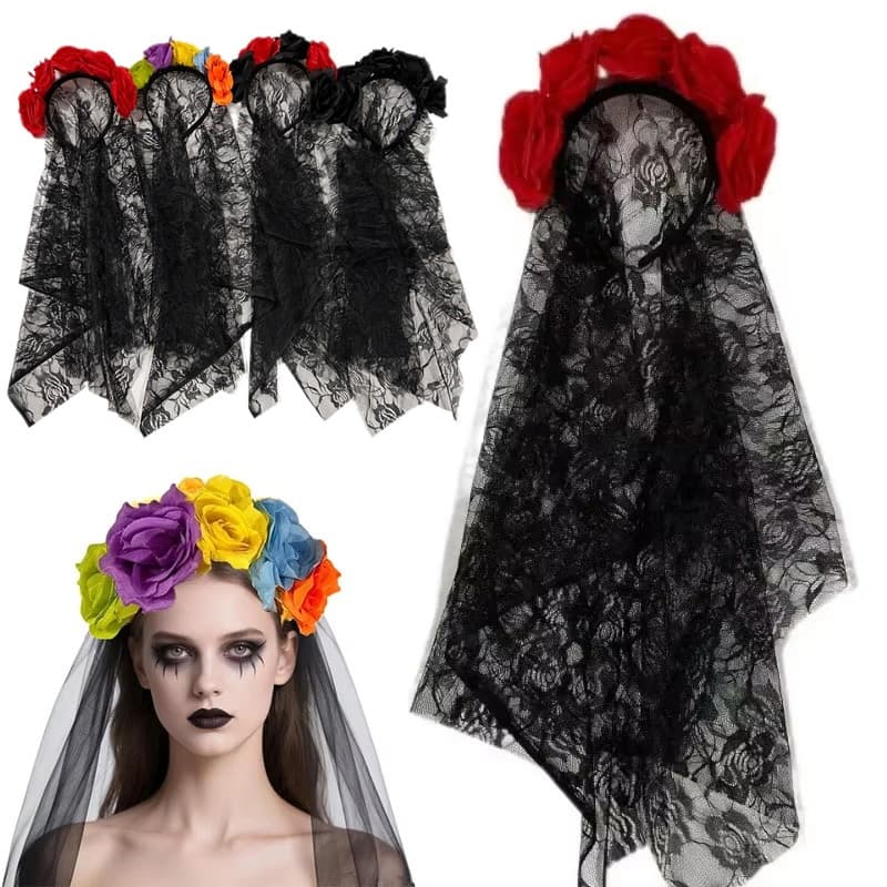 1PC Véu Preto Halloween Rosa Flor Bandana Traje Cosplay Casamento