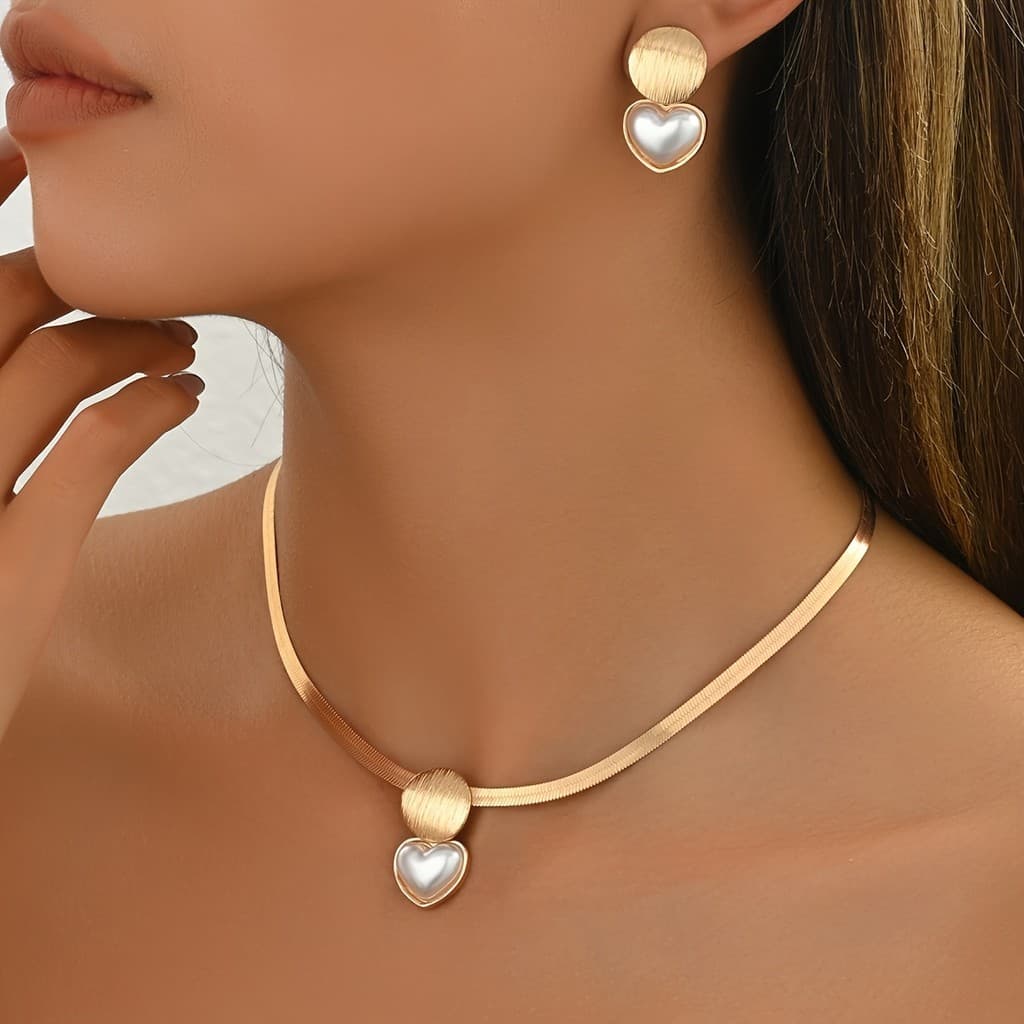 Conjunto De Joias De Brinco De Colar Geométrico De Coração Elegante Para Mulheres ✨