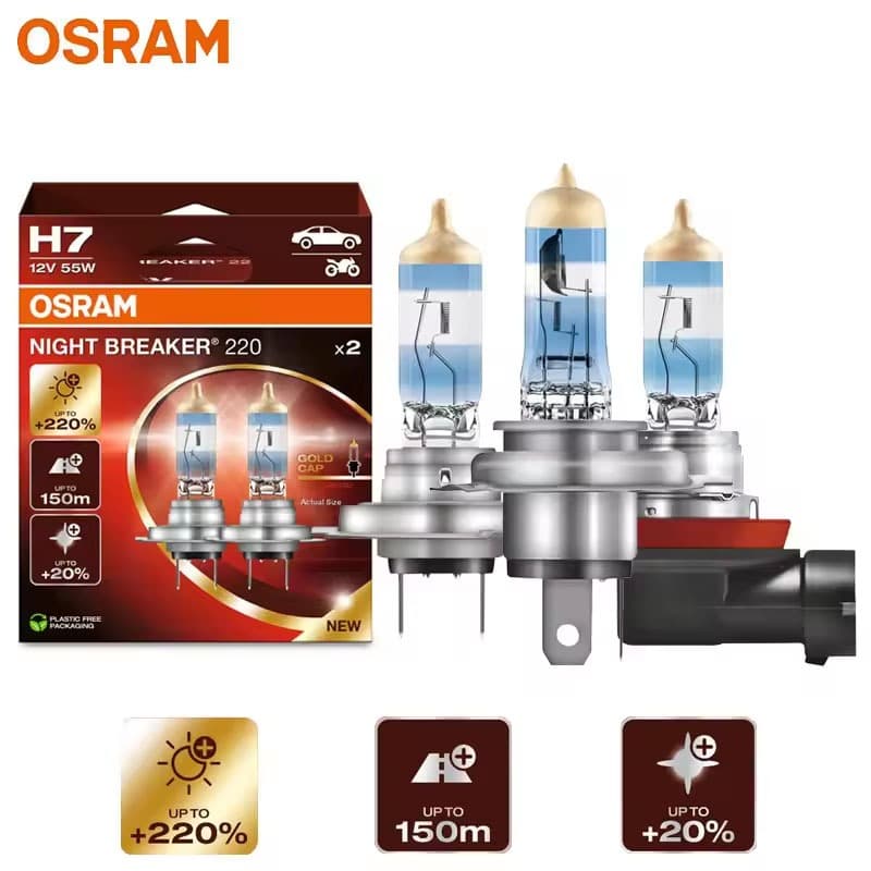 OSRAM Night Breaker 220 Lâmpadas De Carro H4 H7 H11 Farol Halogênio + 220 % Potência Brilhante + 150m Feixe Longo Luz Or