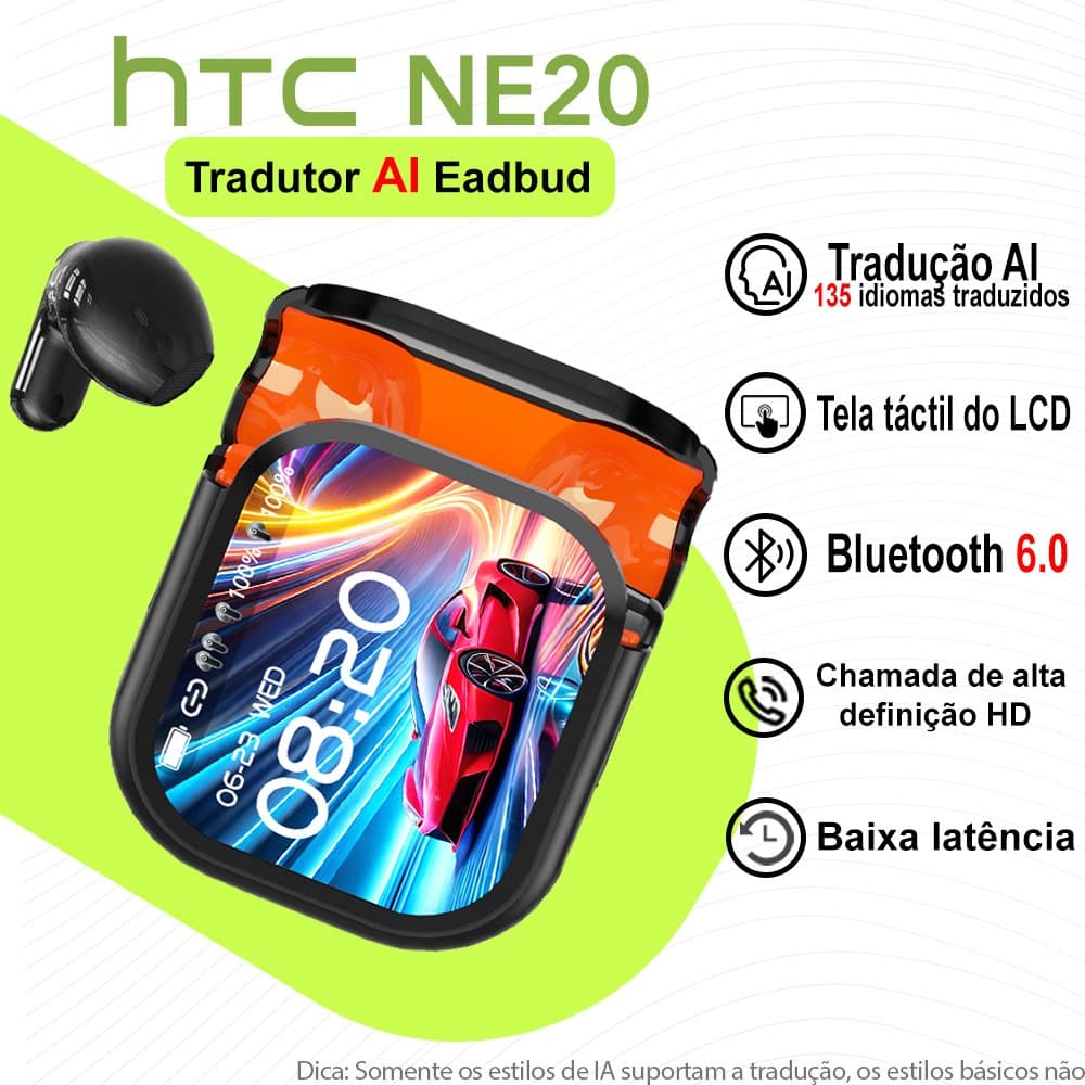 HTC NE20 AI Fone De Ouvido Bluetooth 6.0 Sem Fio TWS 135 Tradução Idiomas Display Controle Por Toque De LED Microfone