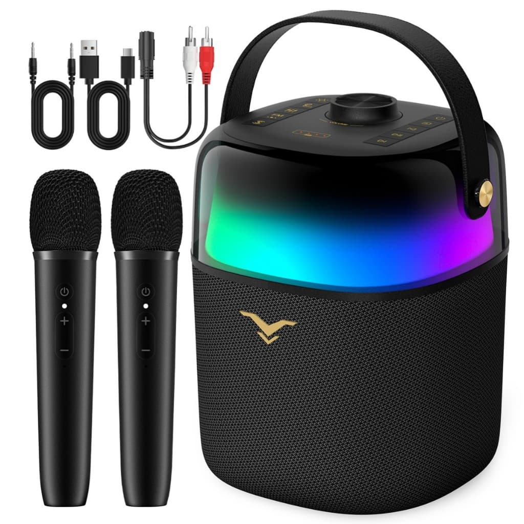 StageSound Partybox Karaokê 80W com 2 Microfones Sem Fio, LED 360°, Bluetooth, 12H Bateria, IPX5