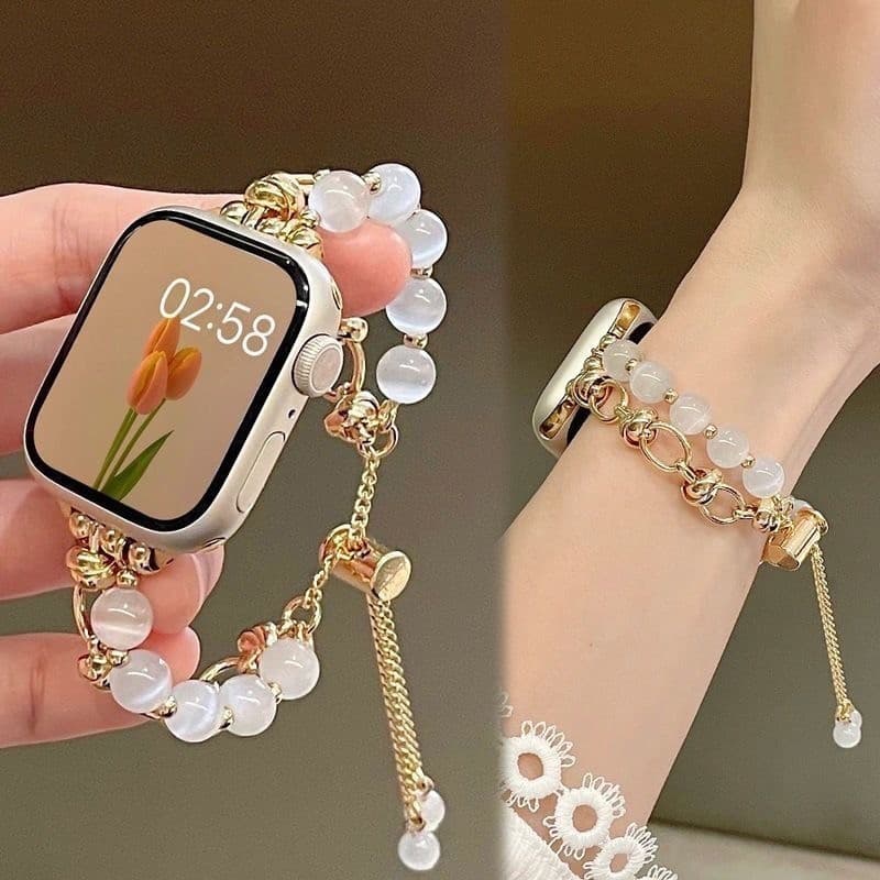 Pulseira Pérola Apple Watch Fivela Metal Ajustável 40 42 44mm Elegante Feminina Presente Sofisticado