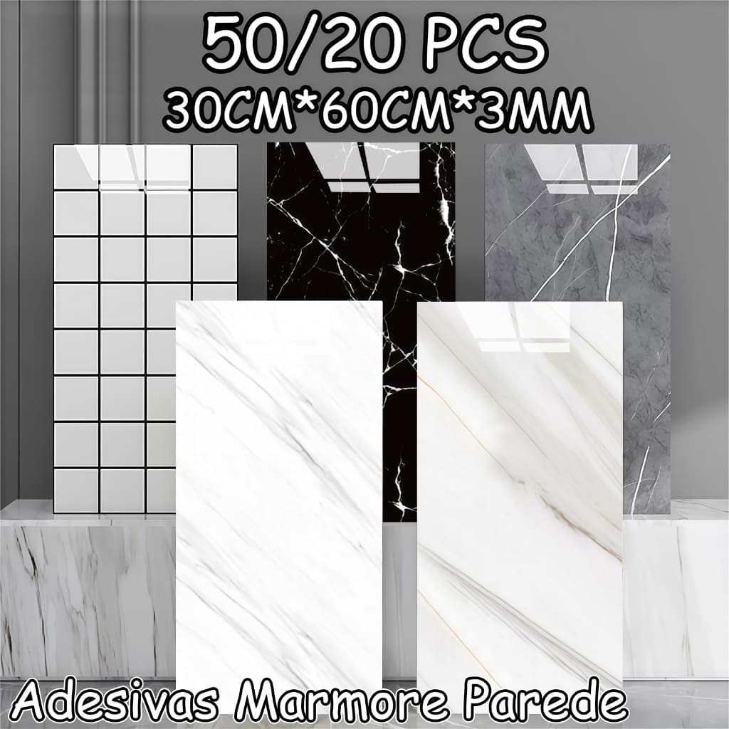 Kit 50/20 Placas Adesiva Mármore 3D Revestimento Autocolante Decoração Impermeável 60CMx30CMx3MM