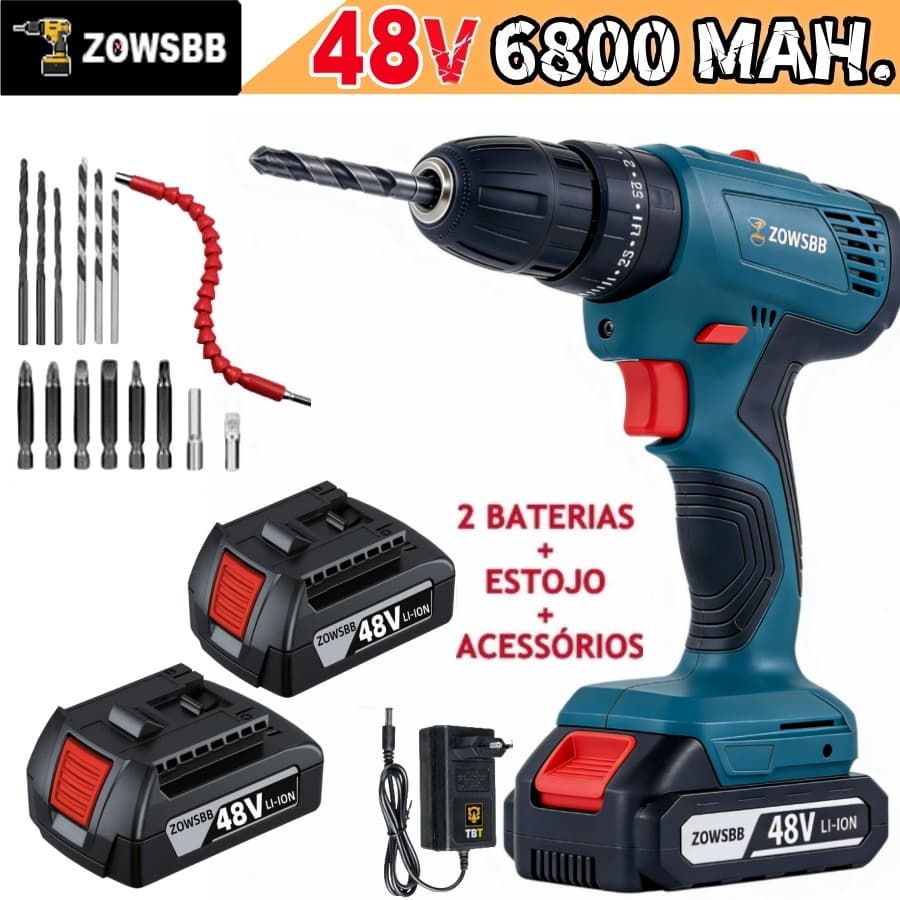 parafusadeira furadeira impacto elétrica 48V Furadeira bivolt Sem Fio 2 Baterias 11Acessórieos